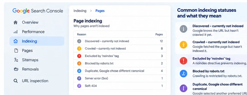 Illustration of common Google Search Console indexing statuses