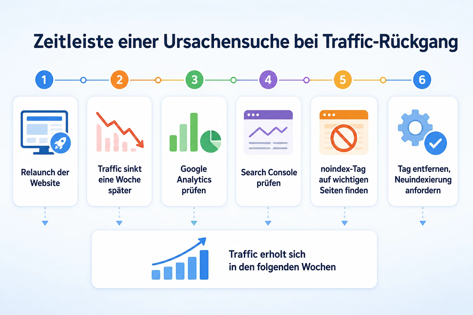 Zeitleiste eines hypothetischen Unternehmens, das ein noindex-Tag findet und behebt, das einen Traffic-Rückgang verursacht hat