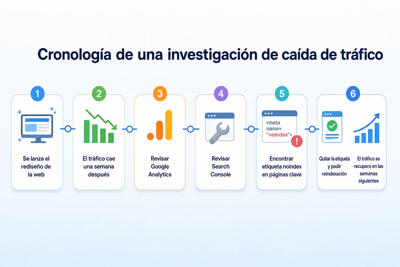 Cronología de un negocio hipotético que encuentra y corrige una etiqueta noindex que provocó una caída de tráfico