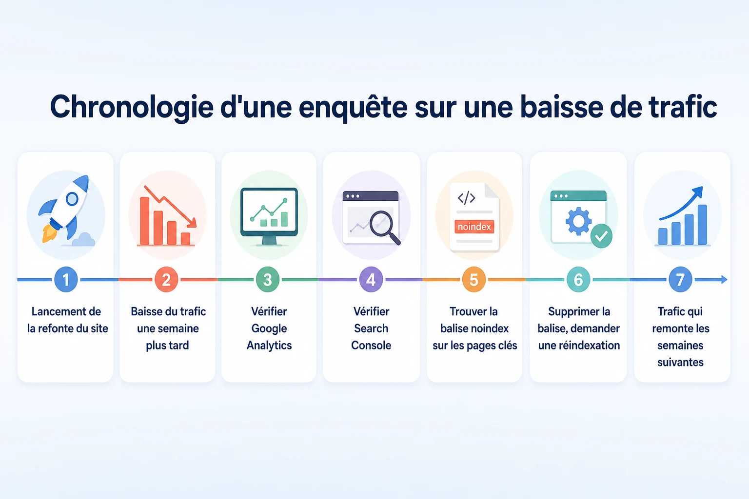 Chronologie hypothétique d'une entreprise qui découvre puis corrige une balise noindex à l'origine d'une baisse de trafic